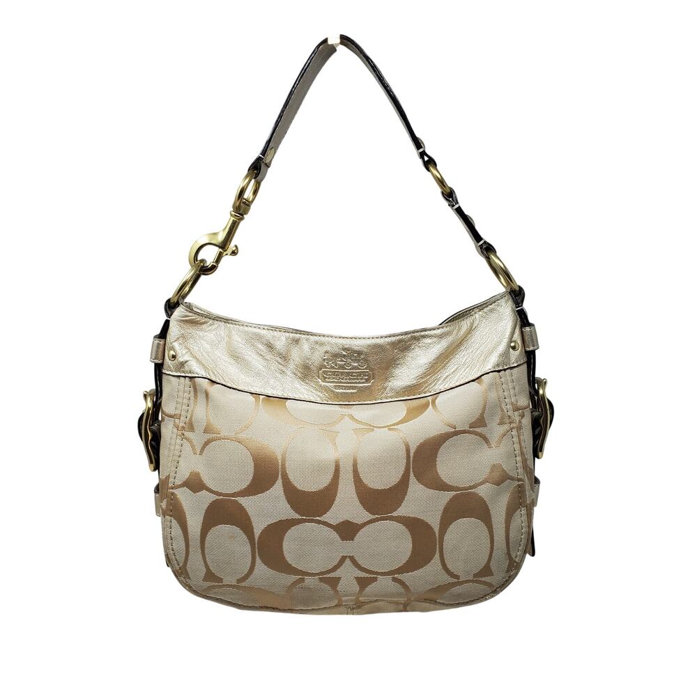 Vintage Y2K Coach Signature Zoe Hobo Handbag Beige Gold Canvas Metallic Leather